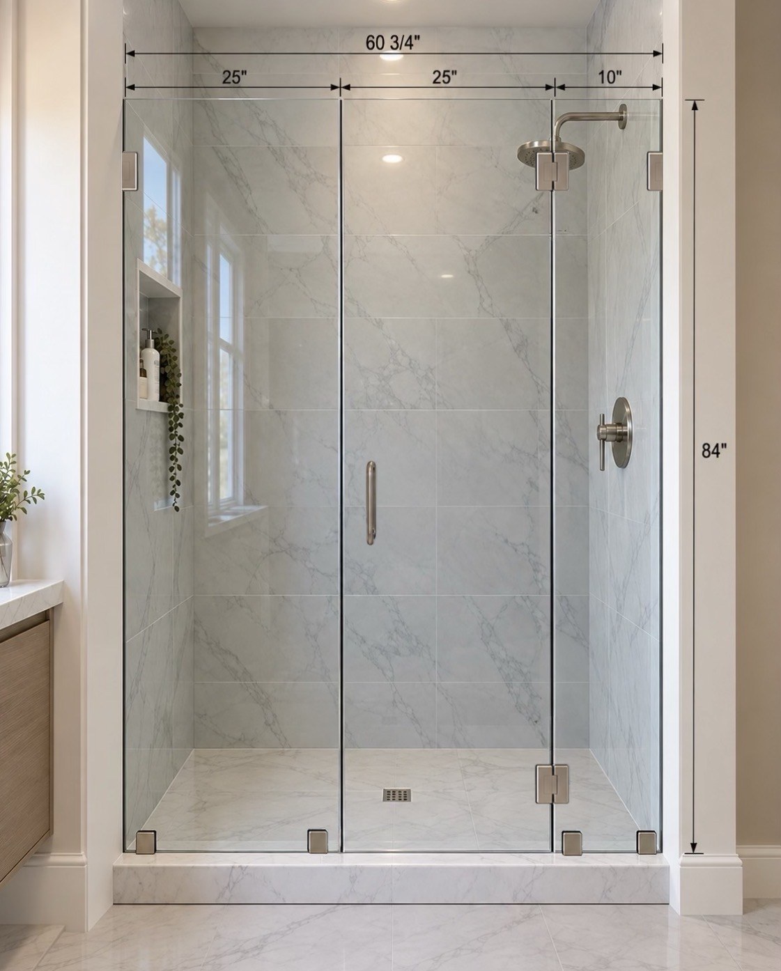 Door & Panel Shower — Glass shower door and adjacent fixed panel