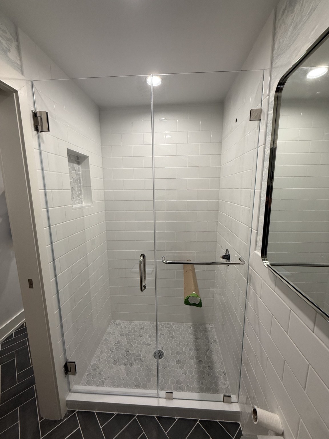 Door & Panel — Frameless enclosure • Polished hardware