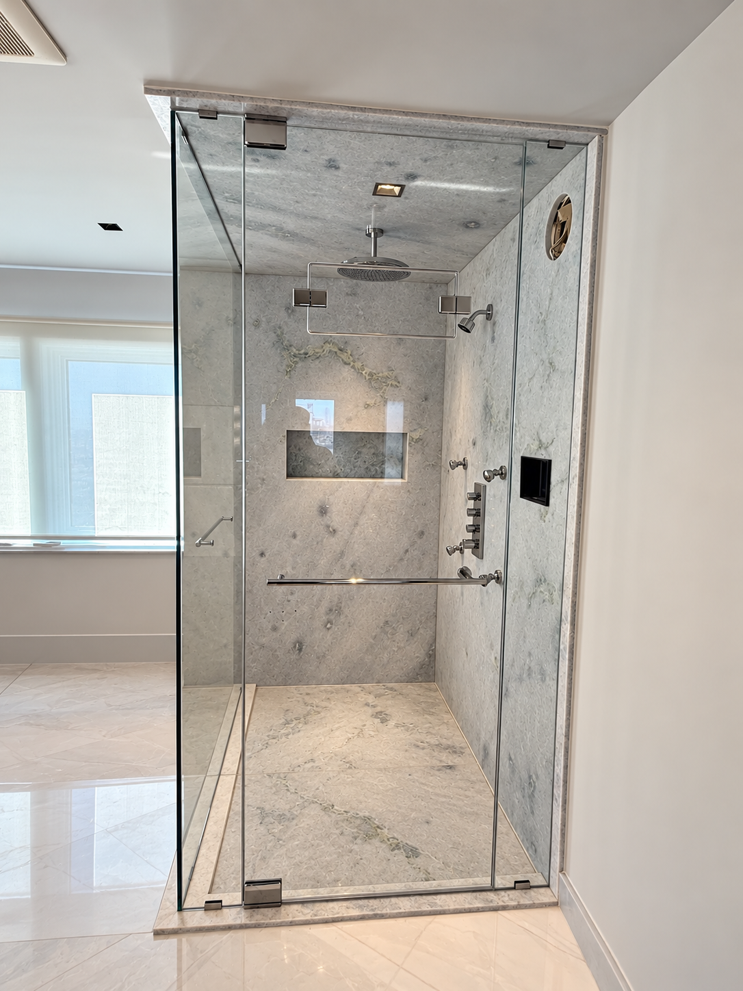 Full-Height Frameless Shower — Custom floor-to-ceiling shower enclosure