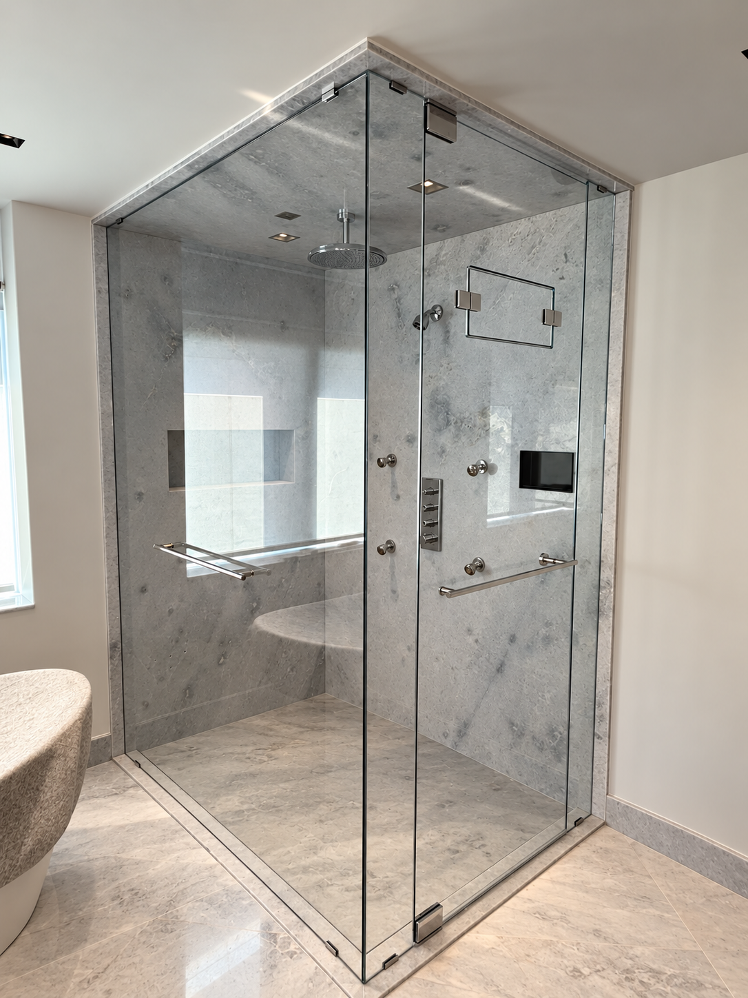 Floor-to-ceiling corner shower enclosure