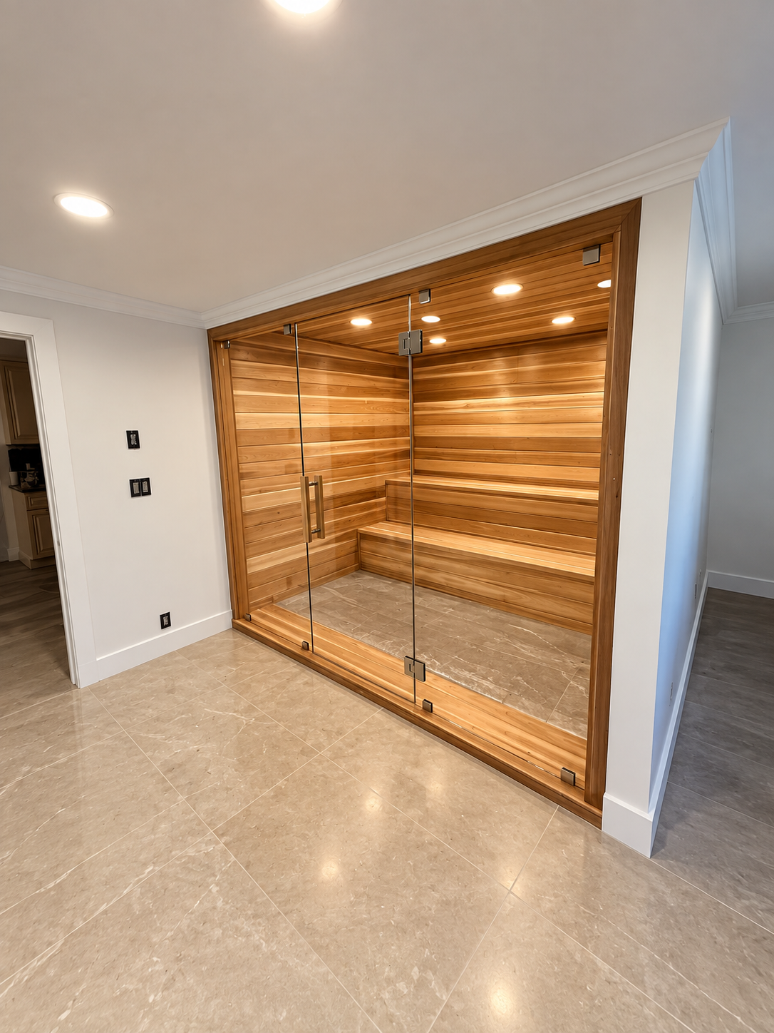 Sauna Glass Enclosure — Custom full-height glass enclosure